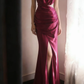 Fuchsia One‑Shoulder Satin Evening Gown, Waist Cutout Ruched High‑Slit Formal Prom Dress gh9125