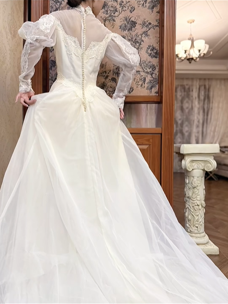 Ivory Vintage Wedding Gown, Illusion High Neck, Lace Appliqué Puff Long Sleeves, Lace Empire Waist, Flowy Full‑Length Skirt, Multi‑Layer Lace Hem, Long Lace Train, Bridal Prom Dress gh8729