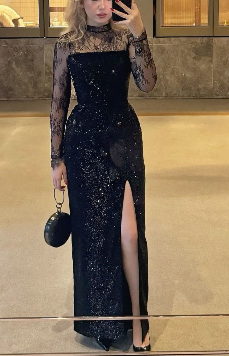 girlhomeshops-Schwarzes, langärmeliges, paillettenbesetztes Spitzenabendkleid gh6258