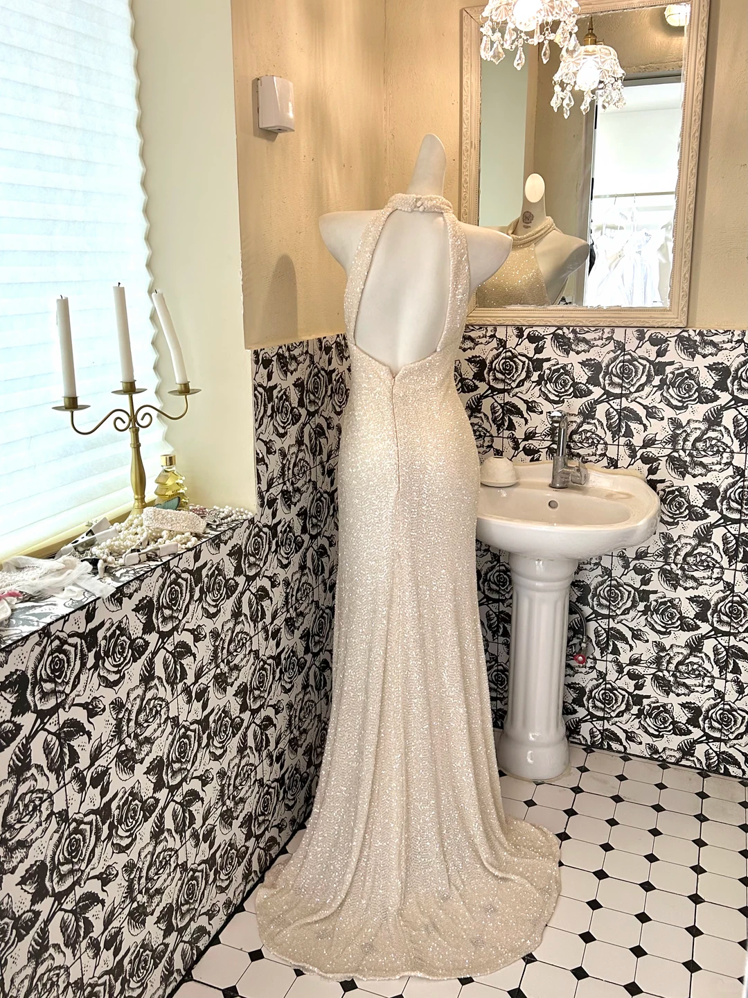 Ivory Sleeveless Halter Waist-Cinched Straight Skirt Elegant Romantic Dress, Wedding Gown gh7613