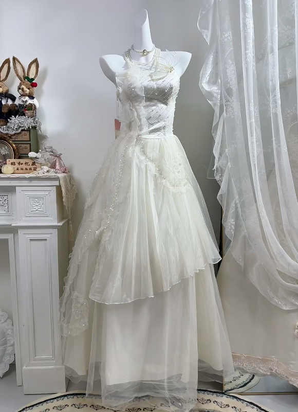 Off White Halter Long Wedding Gown, Sleeveless Hand Beaded Asymmetrical Layered Tulle Fairy Dress gh9279