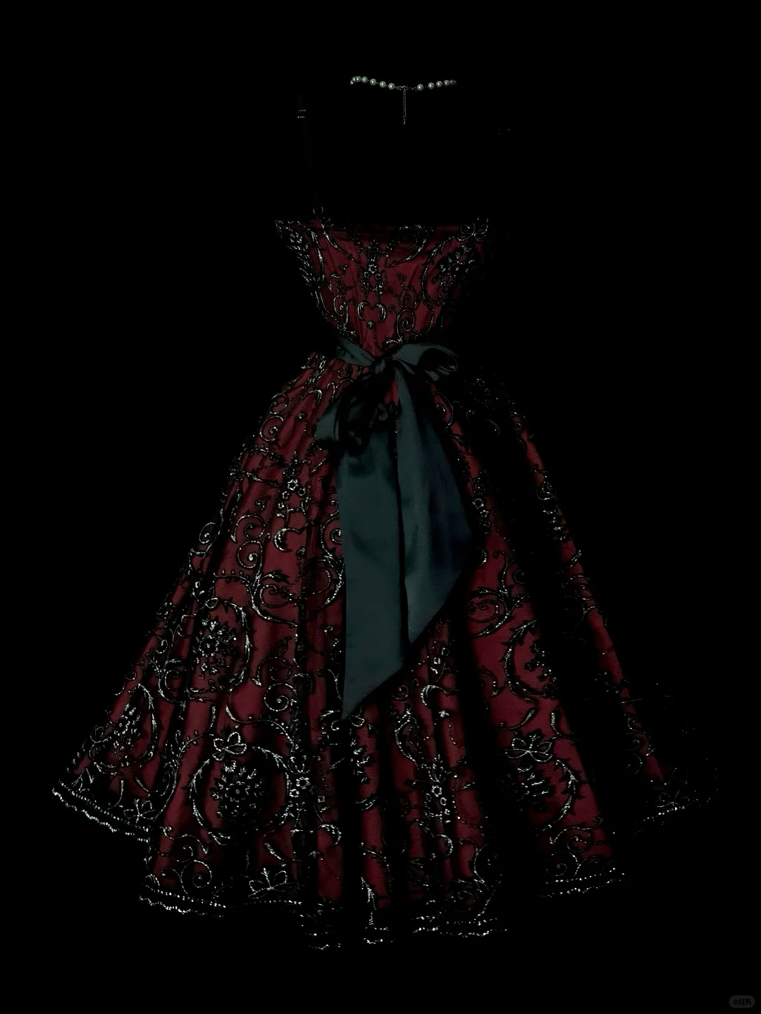Burgundy Spaghetti Strap Short Cocktail Gown, Silver Scroll Floral Embroidery, Black Pleated Wide Sash, Swing Midi Skirt, Party Prom Dress gh8916