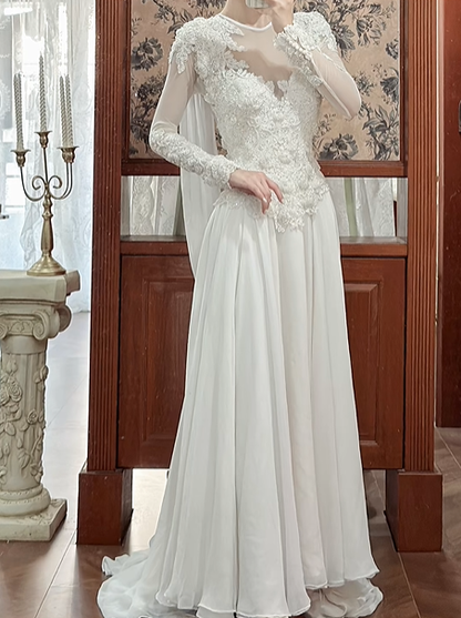 Ivory Vintage Wedding Gown, Illusion High Neck With V‑Cut Out, Beaded Lace Appliqué Sheer Long Sleeves, Fitted Waist Flowy Chiffon Skirt, Long Train, Bridal Prom Dress gh8724
