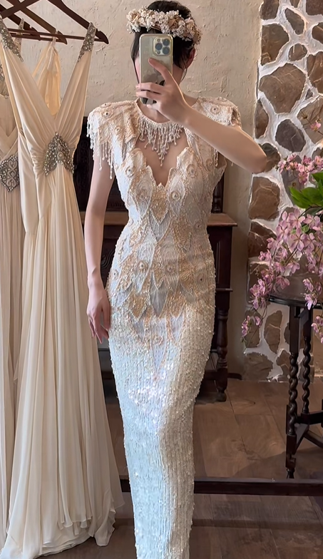 Ivory Gold Gatsby Vintage Mermaid Evening Gown, Beaded Tassel Neck Cutout Deep V Cap Sleeve Sequin Beaded Embroidery Formal Party Dress gh9068
