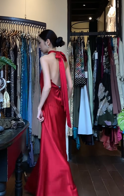 Bright Red Halter Mock Neck Long Formal Gown Satin A-Line Evening Dress gh9661