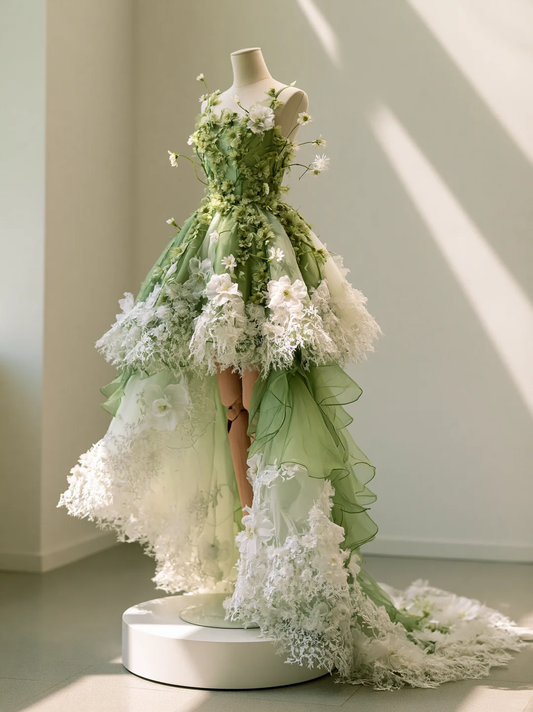 ✨Girlhomeshops-Sage Green Spaghetti Strap High Low 3D Floral Tulle Fairy Gown gh10491