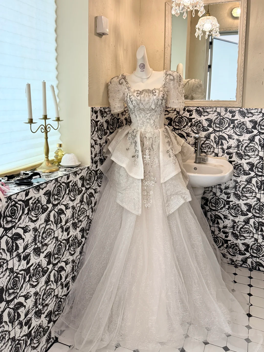 Ivory Square Neck Waist-Cinched Gown with Silver Embellishments, Elegant Voluminous Long Skirt Vintage Romantic Dress, Wedding Gown gh7548