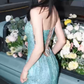 Iridescent Sequin Strapless Long Evening Gown Turquoise Side Slit Prom Dress gh9866