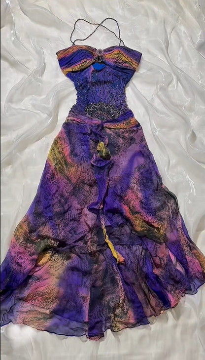 Vintage Purple Printed Halter Spaghetti Strap Fitted Waist Slim Long Prom & Evening Party Dress gh8512
