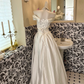White Satin Off-the-Shoulder Waist-Cinched Long Elegant Romantic Dress, Wedding Gown gh7579