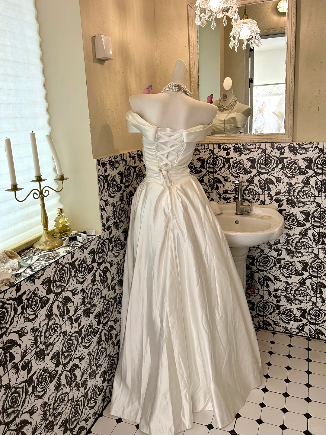 White Satin Off-the-Shoulder Waist-Cinched Long Elegant Romantic Dress, Wedding Gown gh7579