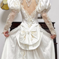 Ivory Vintage Satin Wedding Gown, Mock Two‑Piece High Neck Mesh V‑Neck, Puff Long Sleeves, Gold‑Silver Thread Lace Beaded Appliqués, Fitted Waist, Satin Full Long Skirt, Bridal Prom Dress gh8755