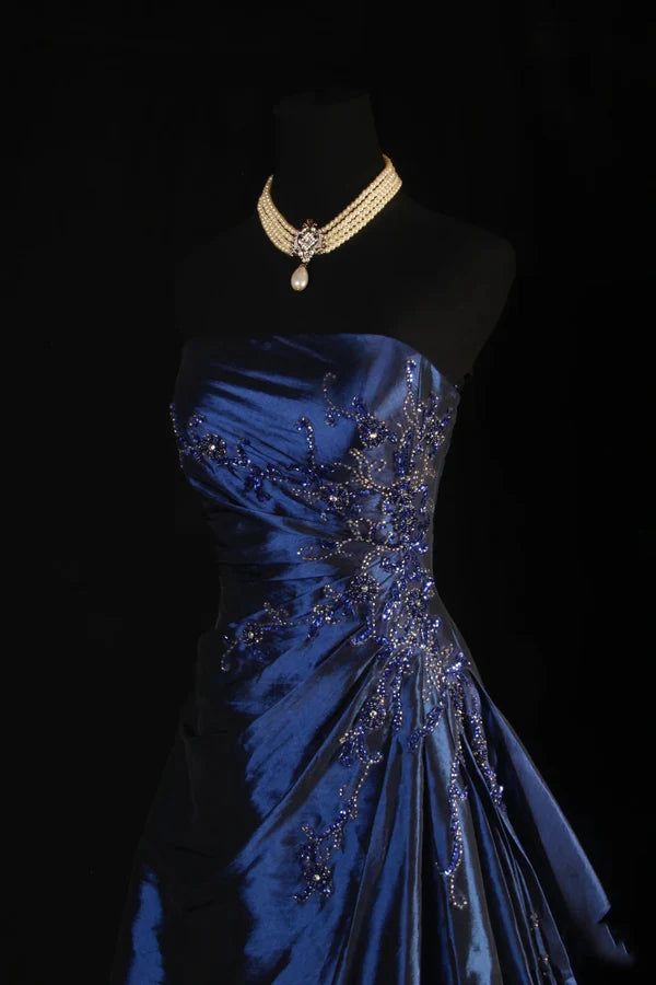 Marineblaues Vintage-Elegantes Ballkleid aus schulterfreiem, langem Satin-Ballkleid, Abendkleid, Partykleid, gh4246