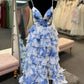 Blue Floral Print V Neck A-Line Spaghetti Straps Ruffles Tiered Slits Long Graduation Dress Evening Gown Prom Dress Wedding Guest Party Dress gh3182