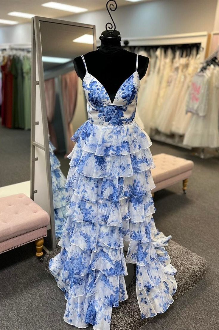 Blue Floral Print V Neck A-Line Spaghetti Straps Ruffles Tiered Slits Long Graduation Dress Evening Gown Prom Dress Wedding Guest Party Dress gh3182