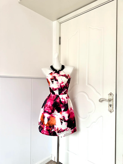 Women Abstract Floral Homecoming Dress, Halter Neck With Black Collar Satin Fabric High Waist Flared A‑Line Mini Party Dress gh9199