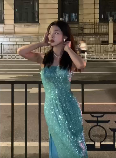 Iridescent Sequin Strapless Long Evening Gown Turquoise Side Slit Prom Dress gh9866