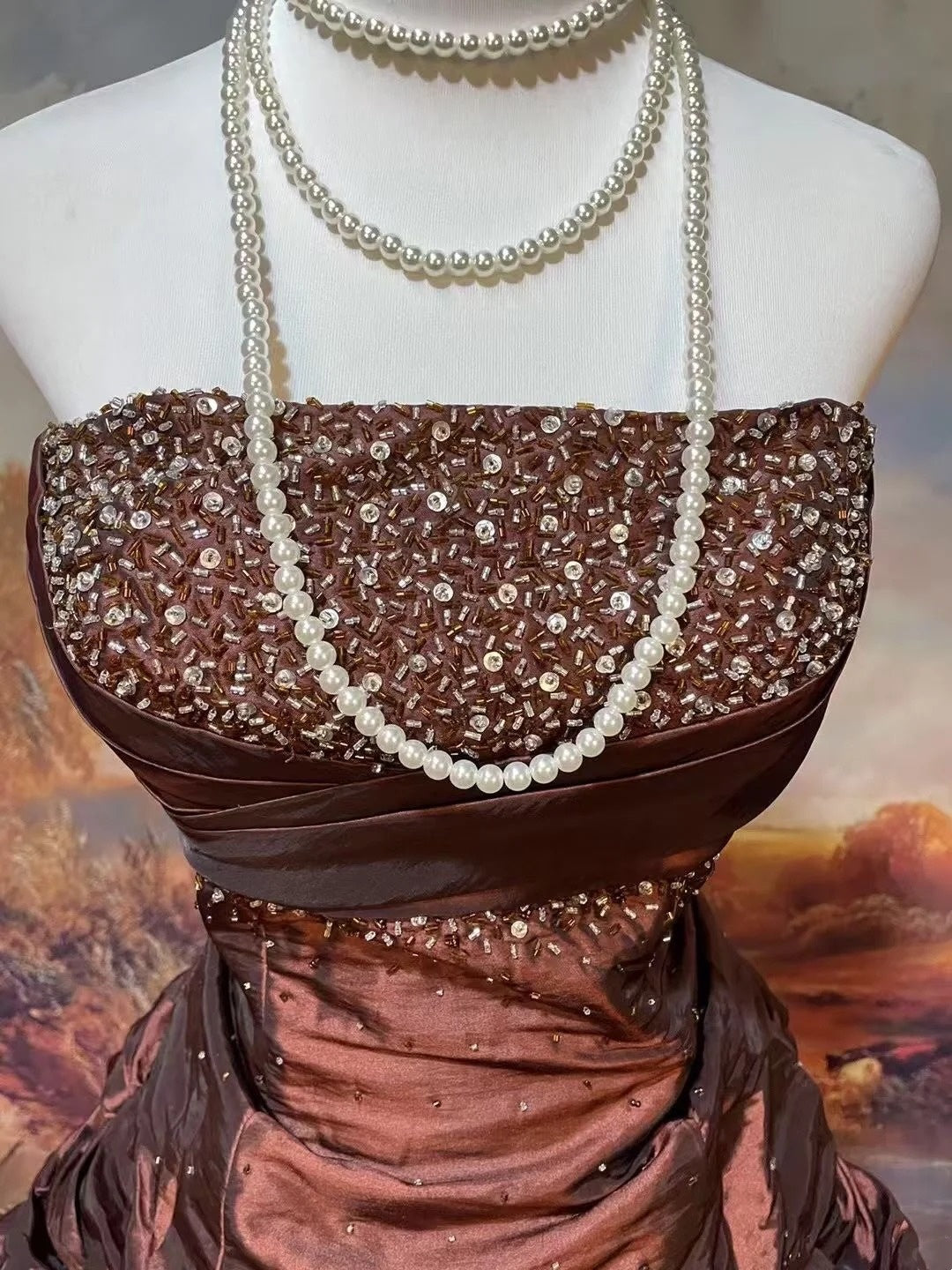 girlhomeshops-Braunes, schimmerndes, langes Satin-Ballkleid gh6295