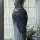 Black Gray Ombre Sweetheart Spaghetti Strap Starry Beaded Mermaid Midi Evening Dress with Chiffon Scarf gh9528