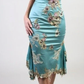 Dusty Teal Satin Short Prom Dress, Beaded Spaghetti Straps, Lace Trim V‑Bodice, Colorful Floral Lace Applique, Ruched Fitted Midi Evening Gown gh8618