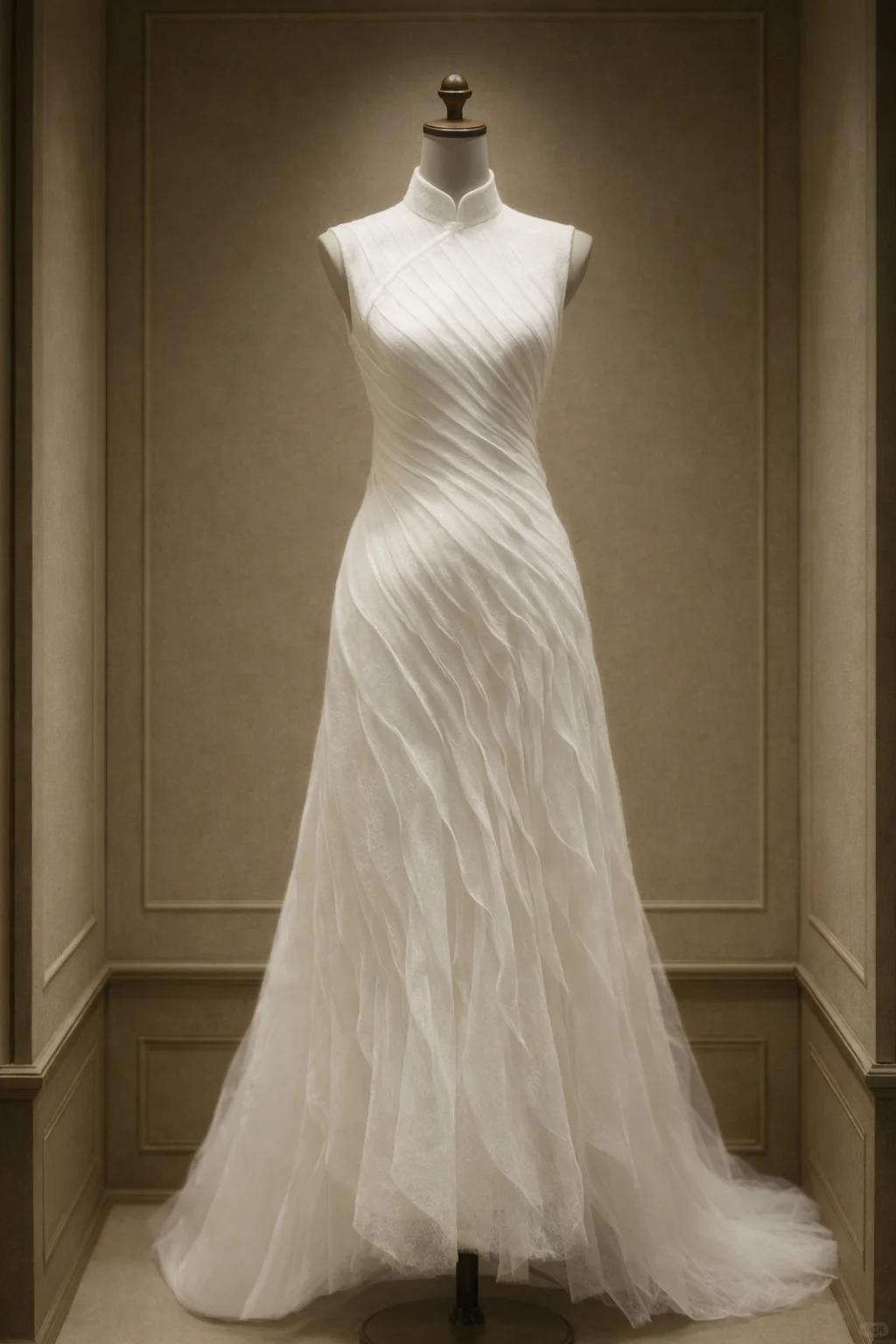✨Girlhomeshops-White Sleeveless Draped Tulle Qipao Mermaid Wedding Dress with Mandarin Collar gh10535