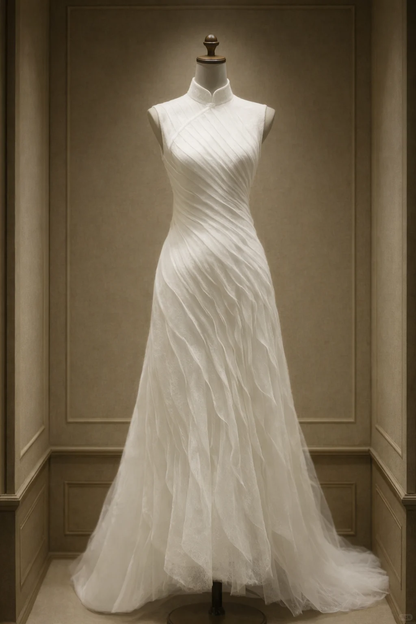 ✨Girlhomeshops-White Sleeveless Draped Tulle Qipao Mermaid Wedding Dress with Mandarin Collar gh10535