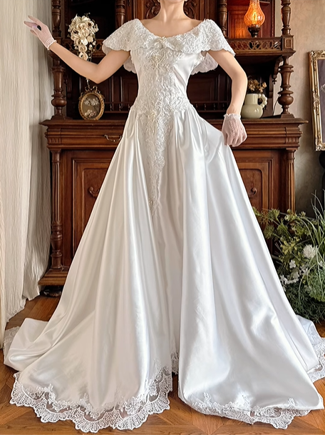 White Satin Vintage Off‑the‑Shoulder V‑Neck Lace Fitted Waist Full Flared Train Prom Gown, Wedding Dress gh8609
