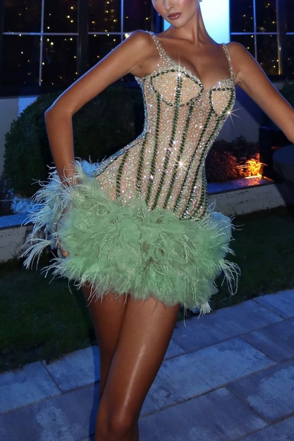 ✨Girlhomeshops-Grünes, glänzendes, wunderschönes, modisches, kurzes Tüll-Heimkehrkleid, Geburtstagspartykleid, gh4994