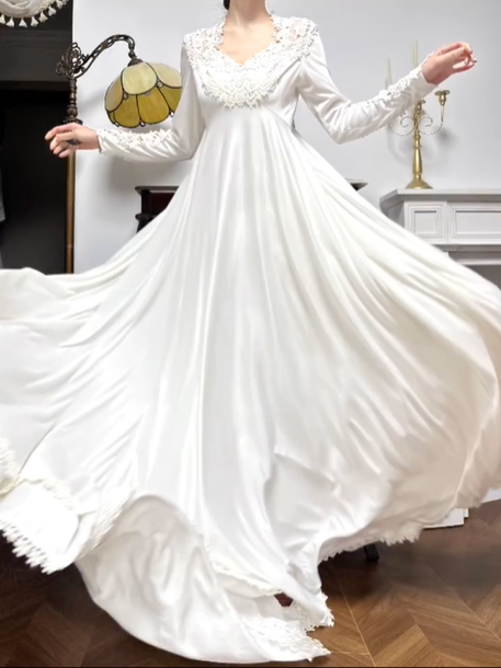 Ivory Vintage Soft Satin Wedding Gown, Lace‑Trimmed V‑Neck, Lace Inset Long Sleeves, Lace Appliqué Empire Waist, Draped Simple A‑Line Long Skirt, Lace Scalloped Hem, Short Train, Bridal Prom Dress gh8778