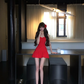 Women Vintage Red Strapless Homecoming Dress Front Button Fitted Ruffle Hem Short Party Dress gh9418