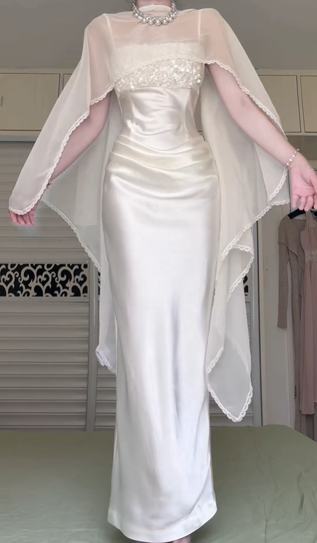 Off‑White Satin Strapless Long Evening Gown, Sequined Bodice With Sheer Lace‑Trim Cape Shawl, Fitted Column Maxi Dress, Formal Wedding Party Gown gh8933