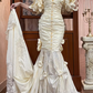 Cream Vintage Satin Mermaid Wedding Prom Dress, Halter Pearl Straps, 3D Petal Sleeves, 3D Flowers Bows Lace Long Train gh8706