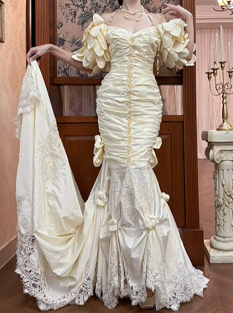 Cream Vintage Satin Mermaid Wedding Prom Dress, Halter Pearl Straps, 3D Petal Sleeves, 3D Flowers Bows Lace Long Train gh8706
