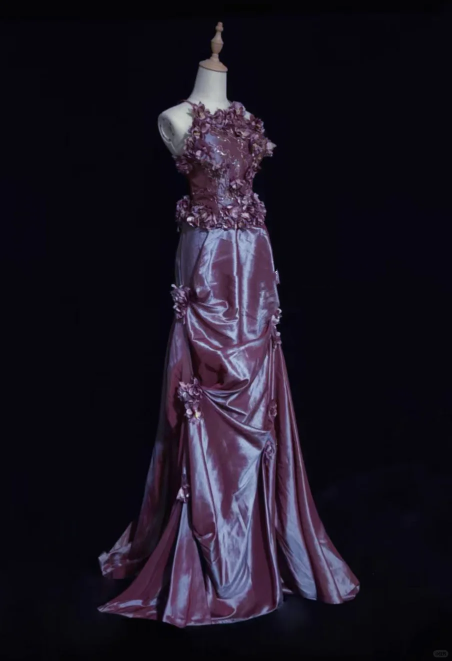 Halter Dusty Purple Long Evening Gown 3D Floral Appliques Shimmer Satin Pleated Formal Dress for Prom gh9536