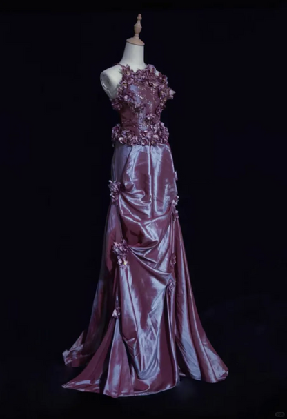 Halter Dusty Purple Long Evening Gown 3D Floral Appliques Shimmer Satin Pleated Formal Dress for Prom gh9536