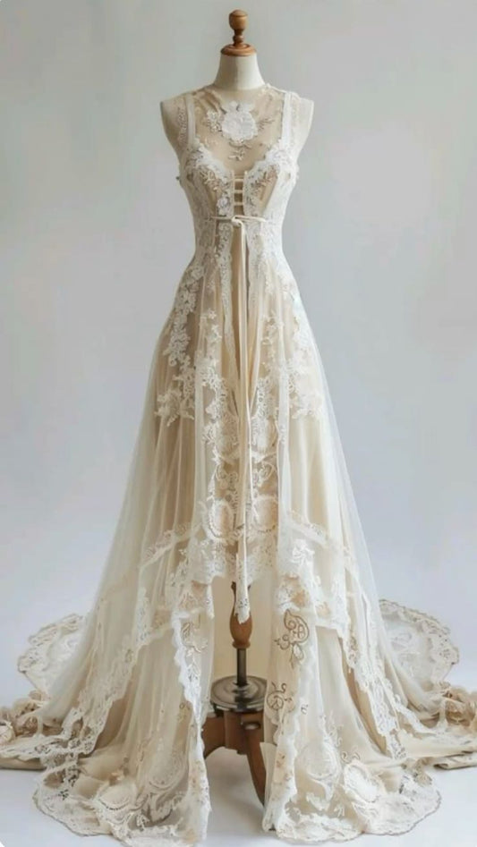 girlhomeshops-Wedding Dress Nude Lace Tulle Sleeveless Floor-Length Train Vintage Gown Gh6333