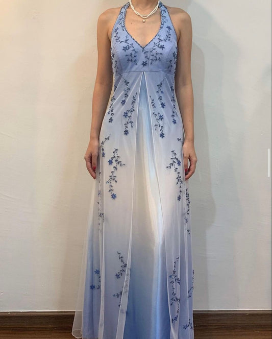 Girlhomeshops--Blue and white exquisite floral strap fashion long tulle floor-length ball gown graduation dress gh5520