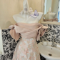 Light Pink Off-the-Shoulder Cinched Waist Figure-Flattering Printed Long Romantic Dress, Wedding Gown gh7810