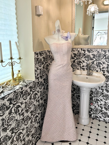 Light Pink Strapless Waist-Cinched Figure-Flattering Bodycon Sexy Elegant Romantic Dress, Wedding Gown gh7768