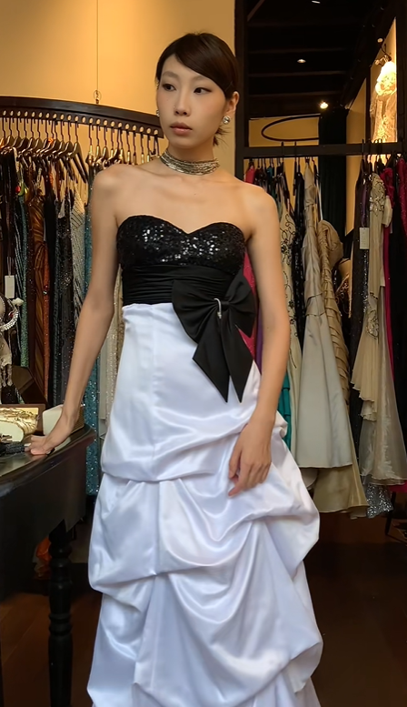 Black White Contrast Strapless Sweetheart Evening Gown Sequin Bodice Big Bow Draped Satin Long Prom Dress gh9716