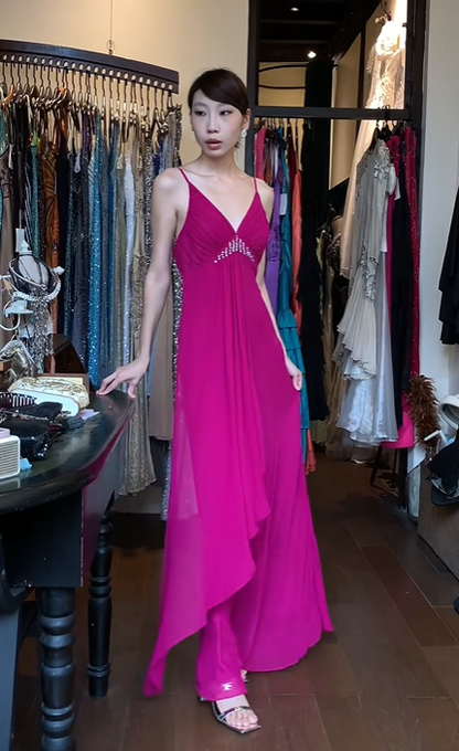 Spaghetti Straps Fuchsia Chiffon Evening Gown Deep V Rhinestone Ruched Asymmetric Ruffle Long Prom Dress gh9708