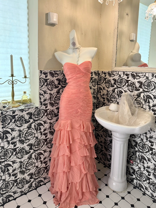 Pink Strapless Waist-Cinched Designer Style Figure-Flattering Sexy Bodycon Long Romantic Dress, Wedding Gown gh7750