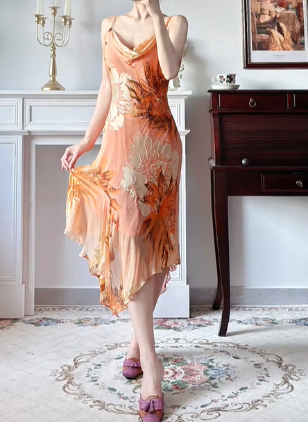 Warm‑Orange Vintage Floral‑Print Spaghetti‑Strap Party Gown, Cowl Neck, Fitted Silhouette, Asymmetrical Ruffled Midi Skirt, Flowy Chiffon Fabric, Evening Cocktail Dress gh8808