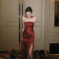 Karamellbraunes, rückenfreies Maxi-Abendkleid aus Satin mit Neckholder und Schlitz (gh6745)