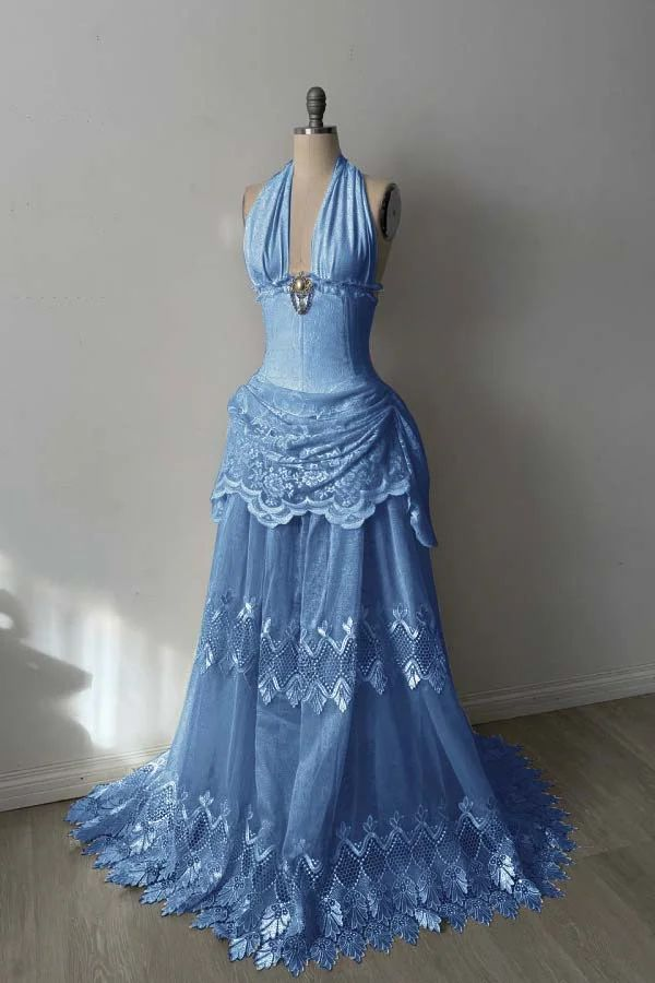 Light Blue Halter Neck Waist-Cinched Fitted Elegant Long Evening Dress, Fairy Gown, Romantic Gown gh7426
