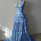 Light Blue Halter Neck Waist-Cinched Fitted Elegant Long Evening Dress, Fairy Gown, Romantic Gown gh7426