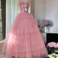 Rosa süße Mode elegante exquisite Spitze Bogen lange Tüll Spitze Prinzessin Ballkleid Abendkleid Geburtstagskleid Erwachsene Zeremonie Kleid gh4033
