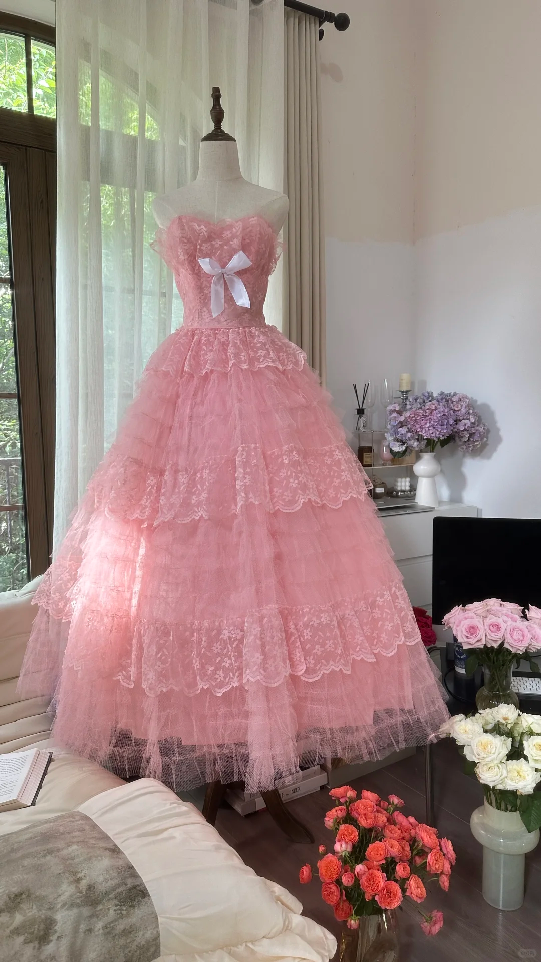 Rosa süße Mode elegante exquisite Spitze Bogen lange Tüll Spitze Prinzessin Ballkleid Abendkleid Geburtstagskleid Erwachsene Zeremonie Kleid gh4033