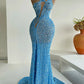 Robe de soirée longue et élégante à paillettes bleues, magnifique, sexy, fendue, style sirène, slim, longueur au sol, robe de bal, robe de soirée gh3389