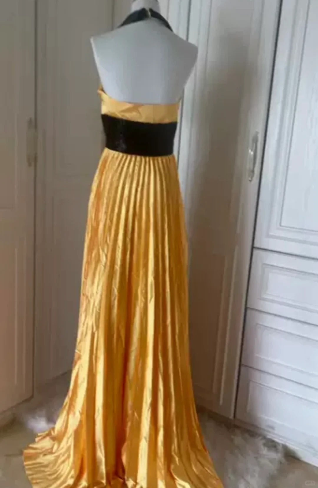 Robe de soirée longue en satin jaune à perles exquises, robe de bal tendance, gh4267